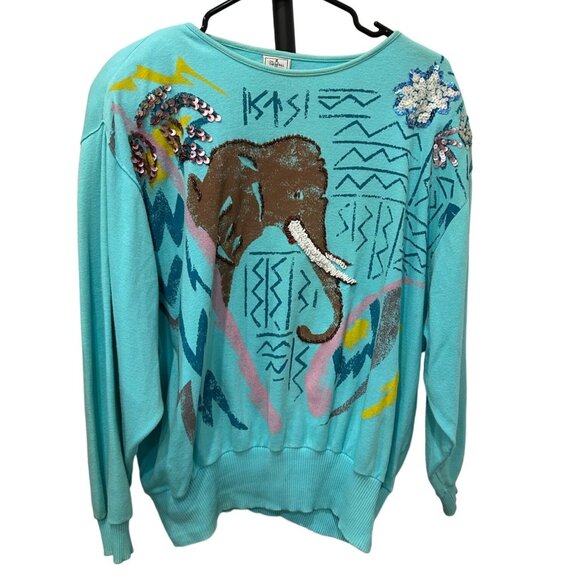 Vintage 80s Elephant Painted Embellished Animal Artsy Long Sleeve Top - Picture 1 of 10